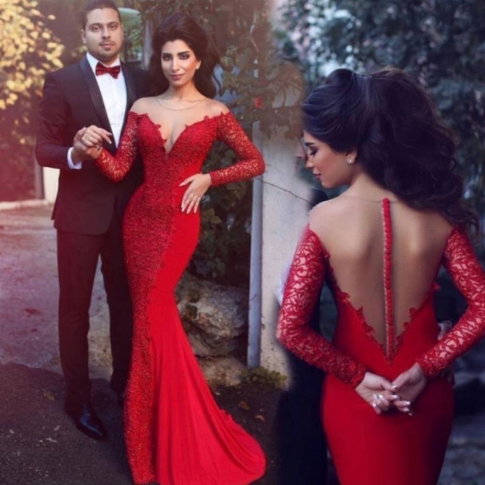 NWOT HEBEOS Red Mermaid PromDresses Long Sleeves Lace Formal Evening Gowns